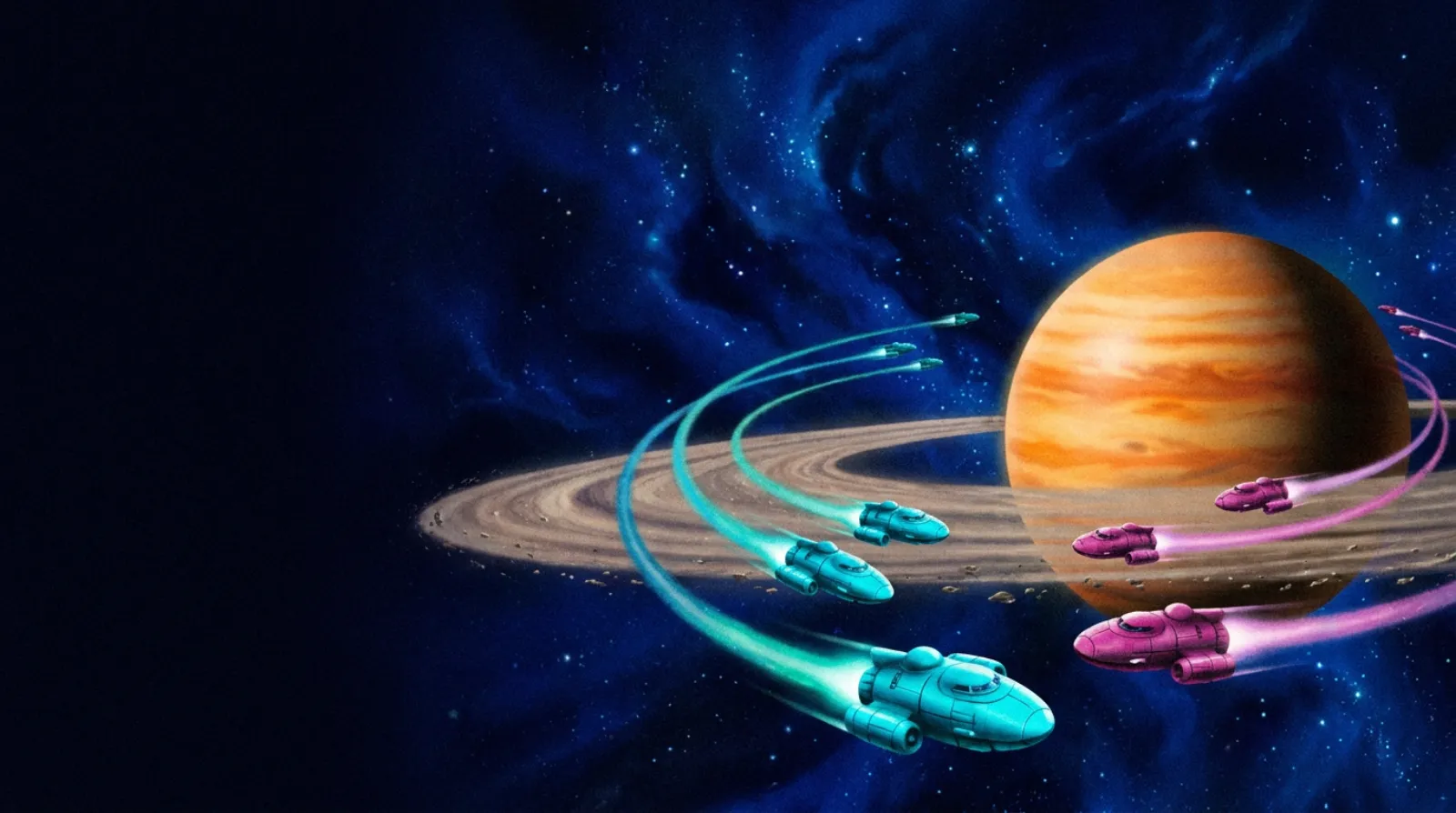 Two small fleets of rounded starships, one glowing cyan and one magenta, skid across a ring of asteroid dust above an orange gas giant, each leaving a long curved trail.
