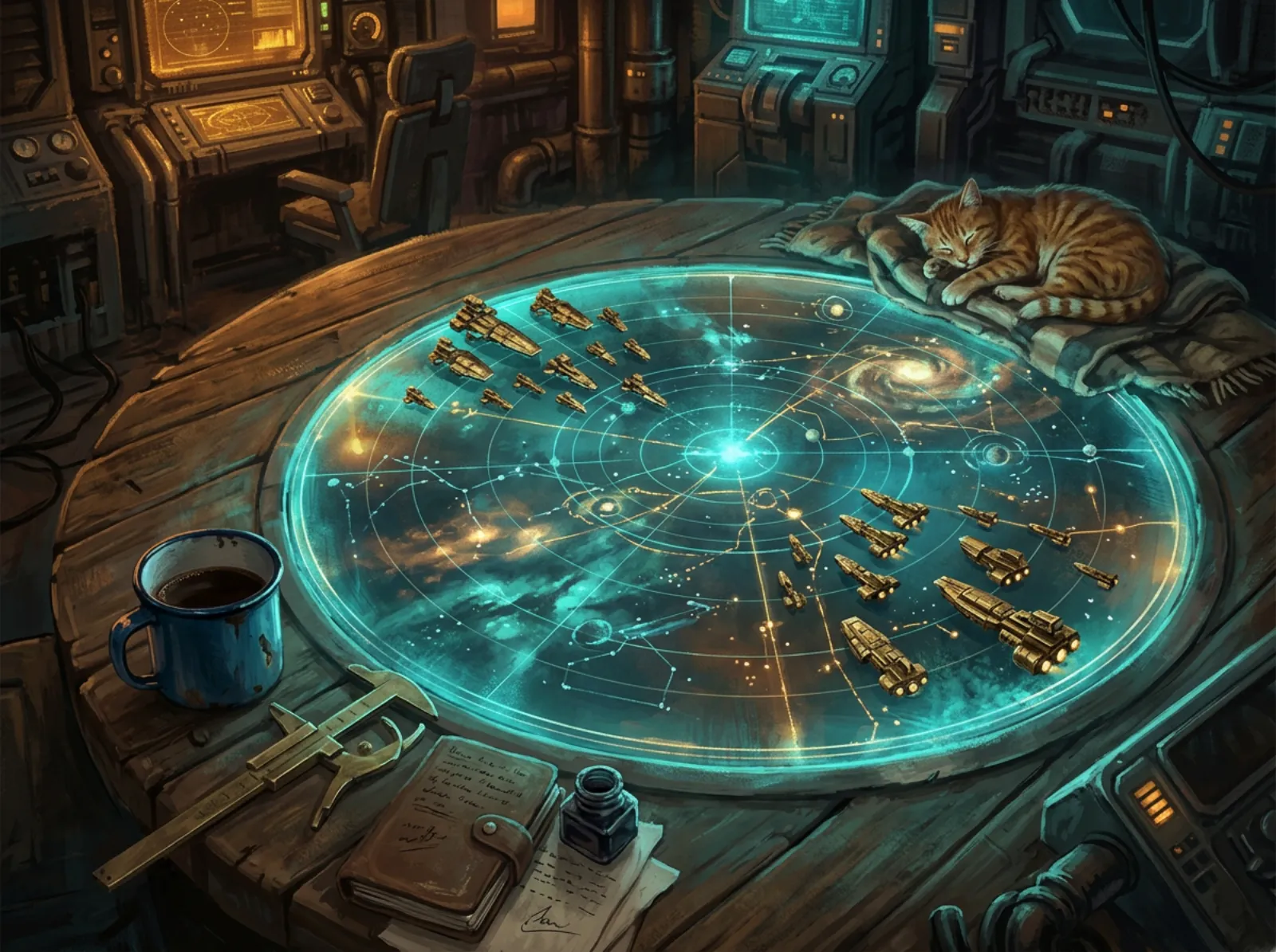 An admiral's war room table glowing with a holographic star chart, brass starship miniatures in two formations, an enamel coffee mug, brass calipers and a cat asleep on the edge.
